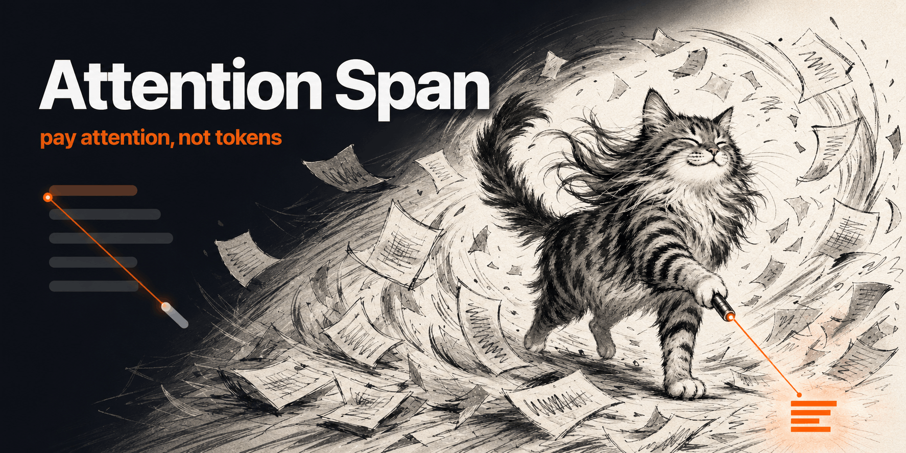 Attention Span — a contented cat swatting a laser pointer through a storm of paper